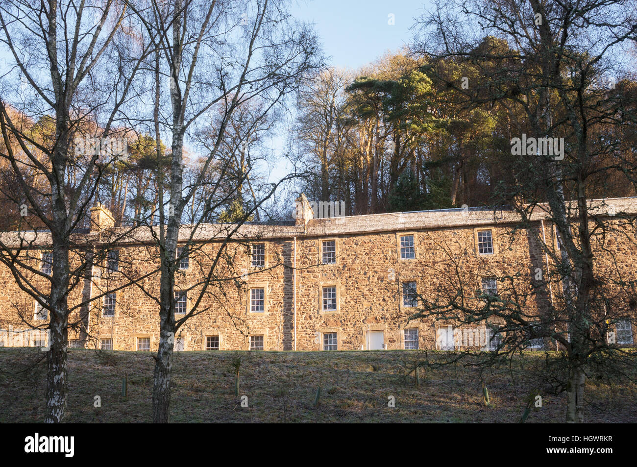 Arbeitnehmer Häuser in New Lanark Mühlen Weltkulturerbe, Schottland, Großbritannien Stockfoto