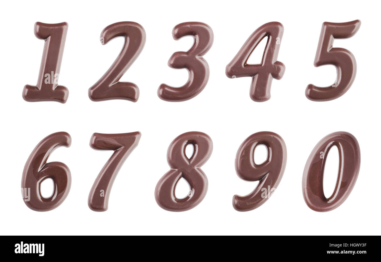 Echte dunkle Schokolade Ziffern Satz isoliert auf weißem Hintergrund Stockfoto