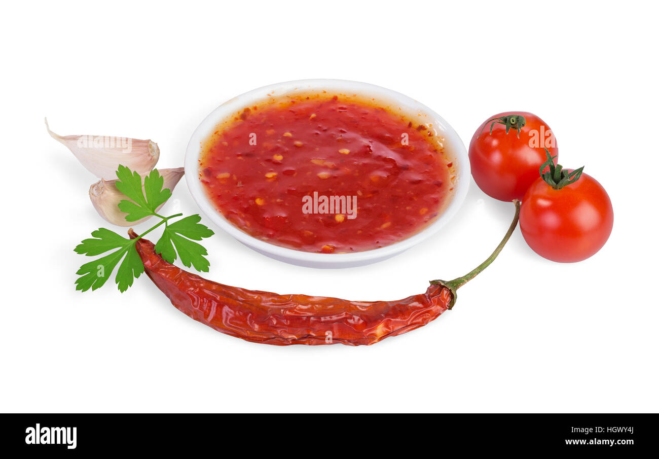 Red hot Chilisoße isoliert auf einem weißen Hintergrund. Stockfoto