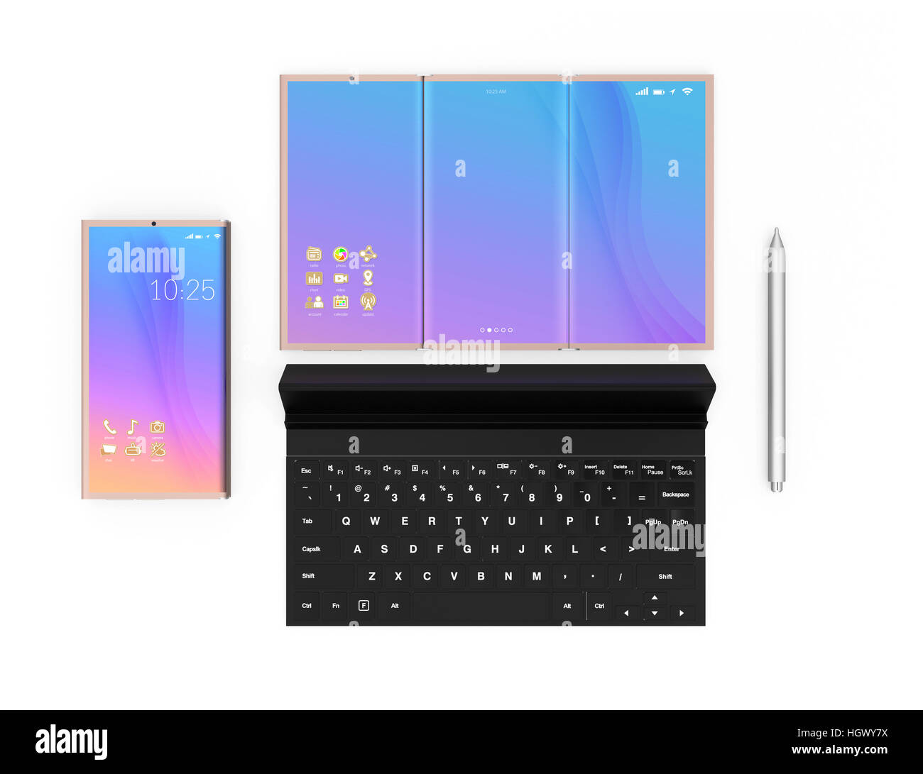 Faltbare Smartphone, Tablet-PC, Digitalstift und abnehmbare Tastatur isoliert auf weißem Hintergrund. 3D-Rendering Bild. Stockfoto