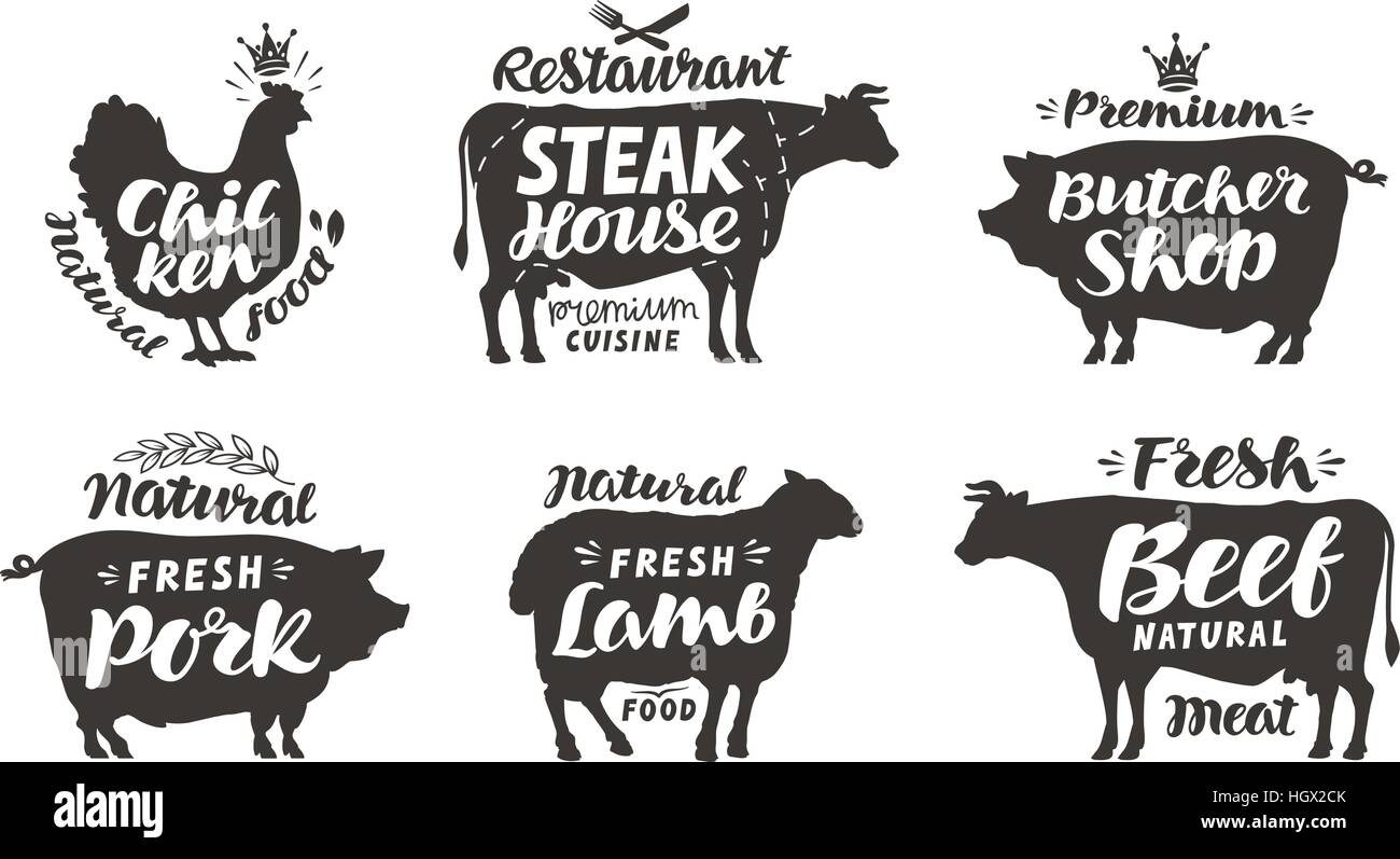 Bauernhof Tiere Symbole festgelegt. Sammlung von Etiketten mit schönen Schriftzügen. Vektor-illustration Stock Vektor
