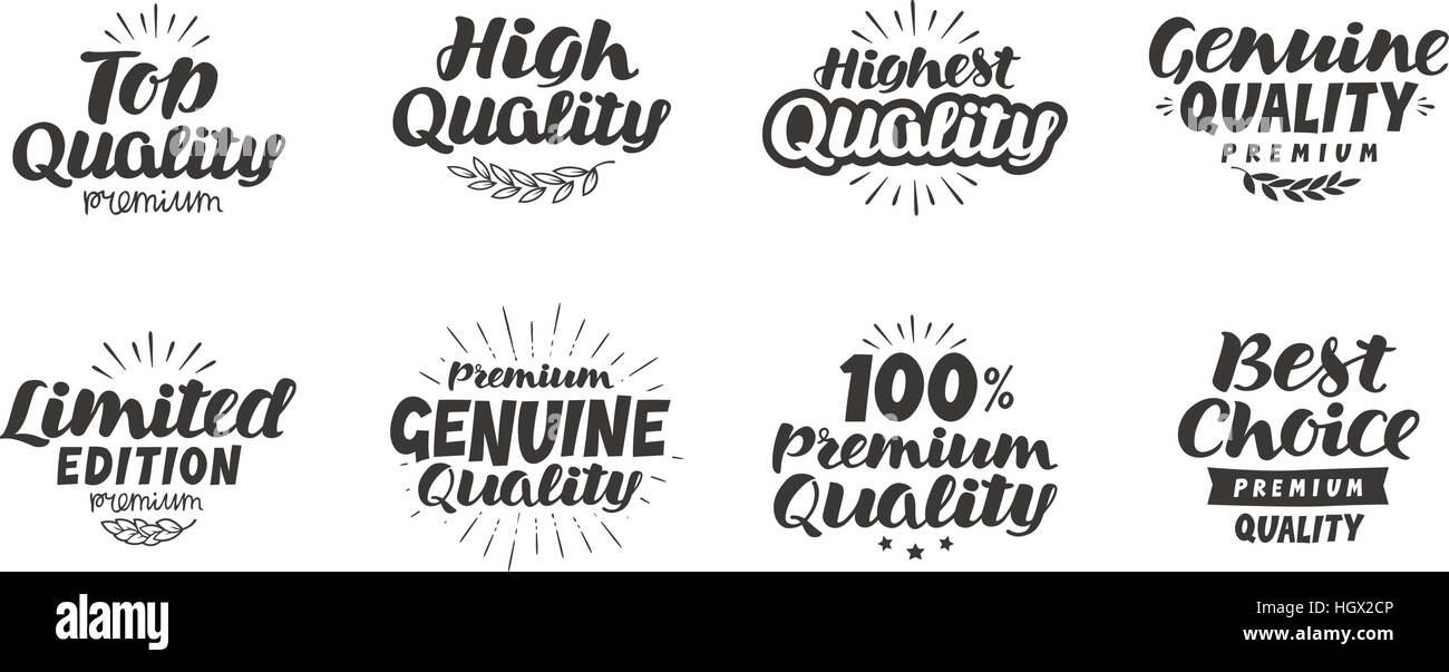 Promo set Icons oder Symbole. Handgezeichnete schöne Schrift Qualität, Premium, beste Wahl, echte, limitierte Auflage, top Stock Vektor