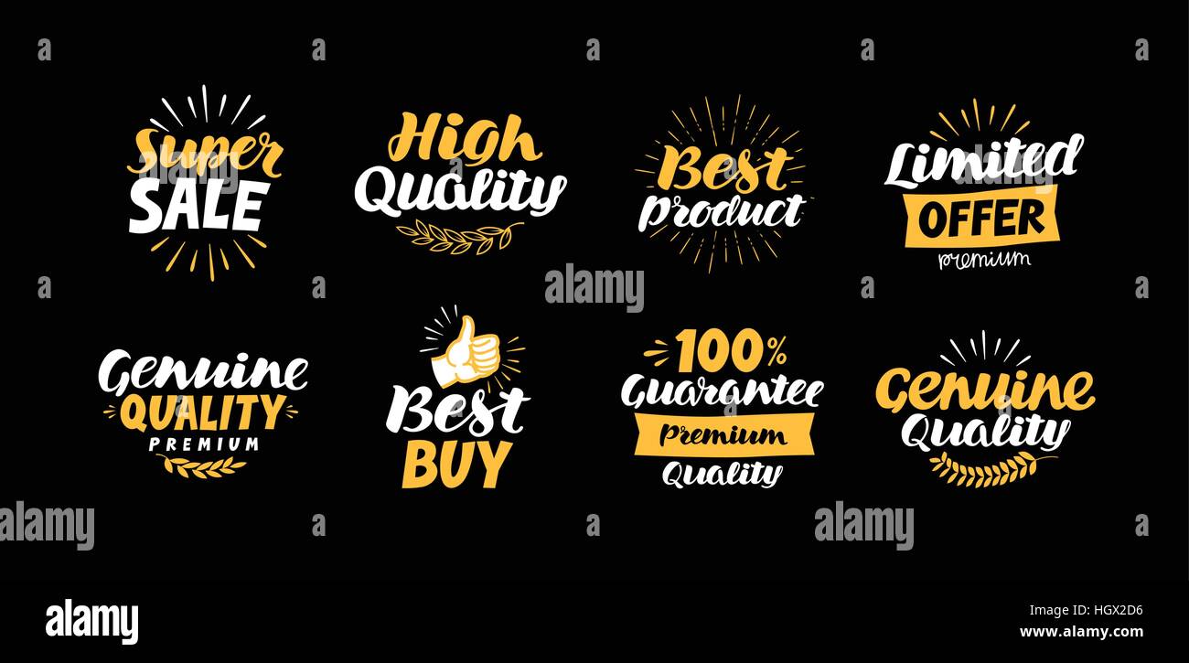 Etiketten mit schönen Schriftzüge wie super Verkauf, begrenztes Angebot, echt, hohe Qualität, beste Produkt kaufen, 100 % ige Garantie, premium Stock Vektor