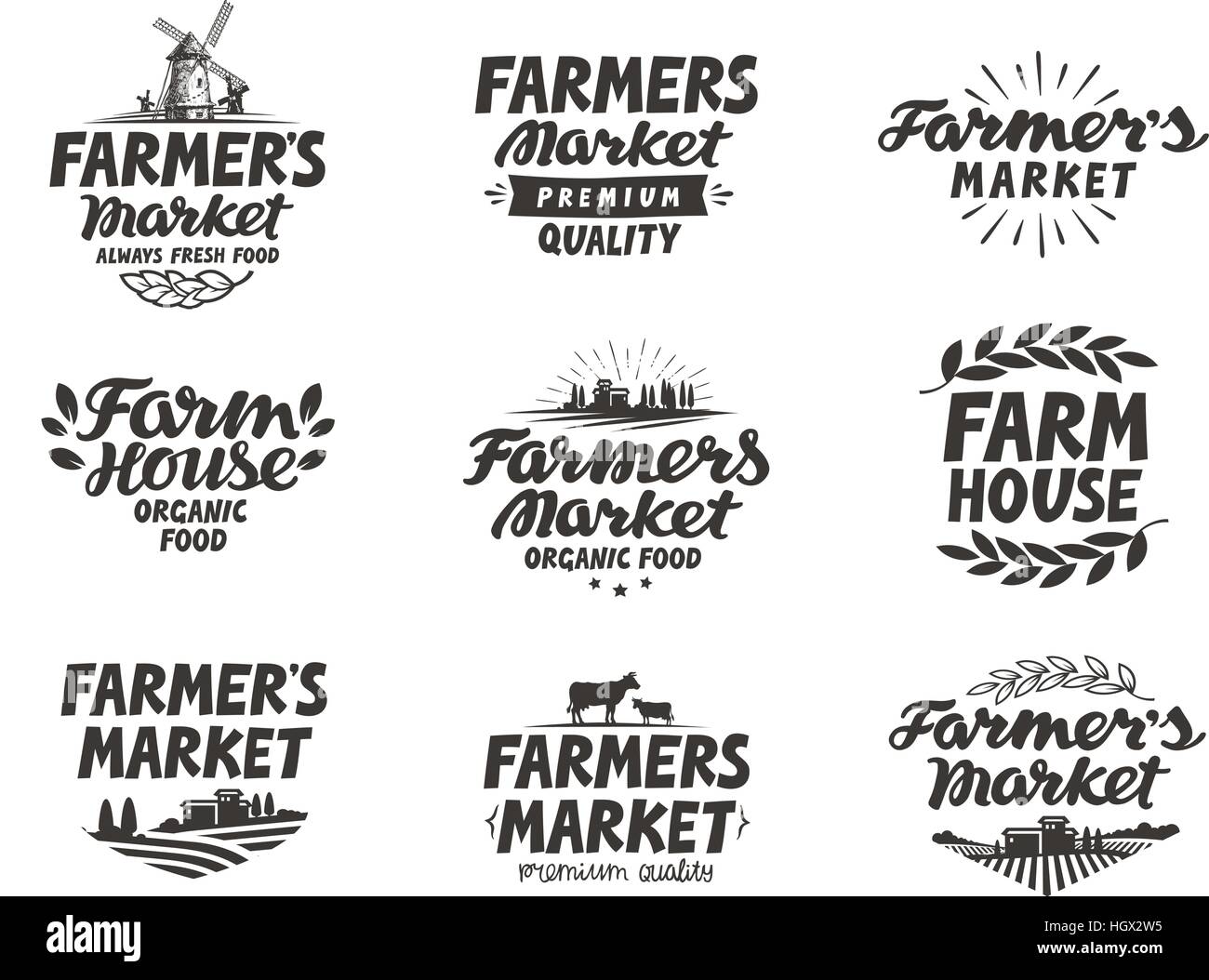 Bauernmarkt, Vektor-Logo. Bauernhof, Landwirtschaft Icons set Stock Vektor