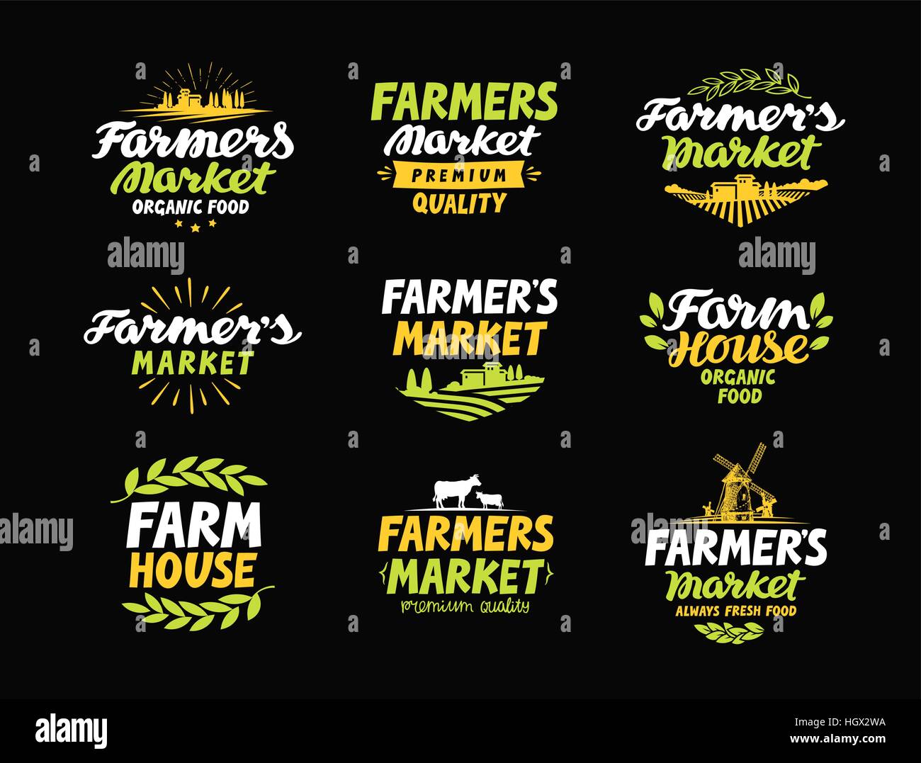 Farm-Vektor-Logo. Bauernmarkt, Landwirtschaft, Landwirtschaft-Sammlung-Symbole Stock Vektor