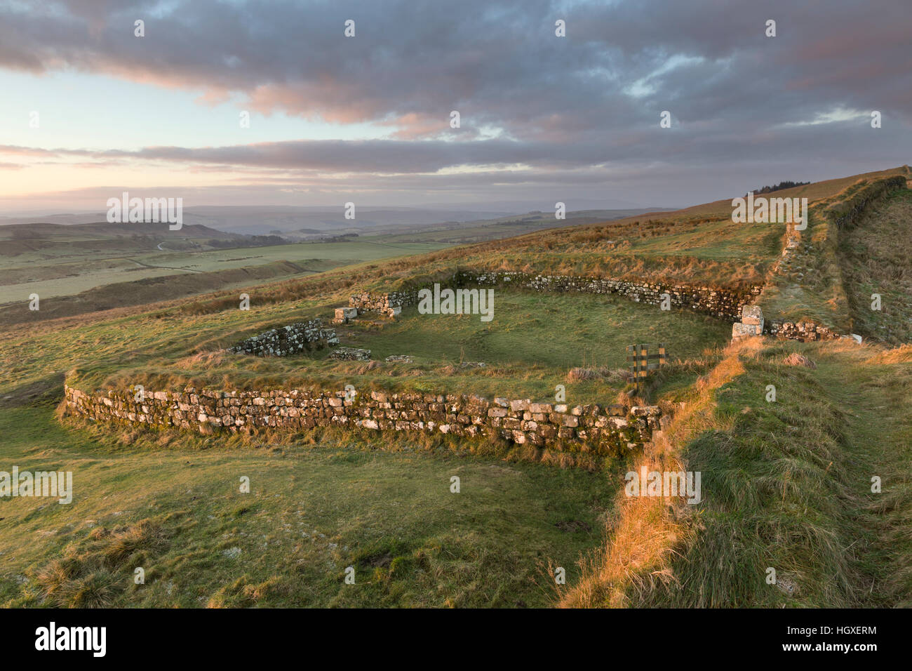 Der Hadrianswall: Blick nach Westen über Milecastle 37 am Housesteads Klippen, Northumberland Stockfoto