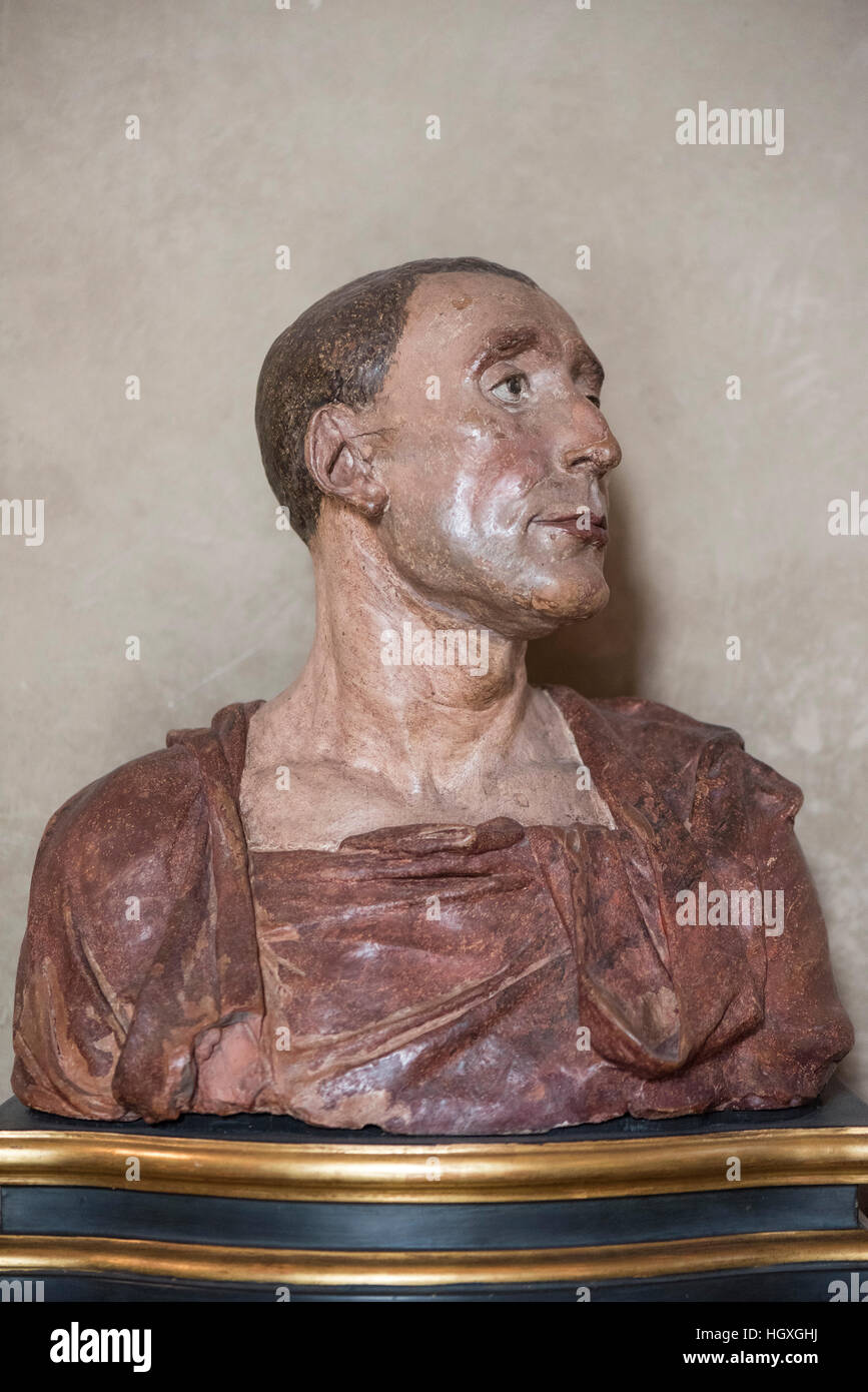 Florenz. Italien. Bemalte terracotta Büste von Niccolò da Uzzano, von Desiderio da Settignano, da Ca. 1450, früher zu Donatello zugeschrieben. Stockfoto