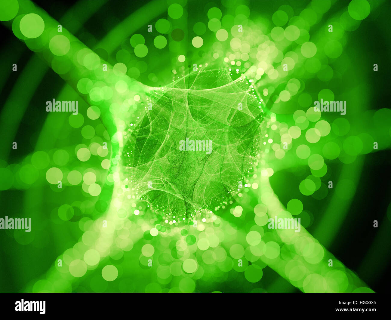 Grün leuchtende Verbindung Netzwerk Fraktale mit big Data, computergenerierten abstrakten Hintergrund, 3D Rendern Stockfoto