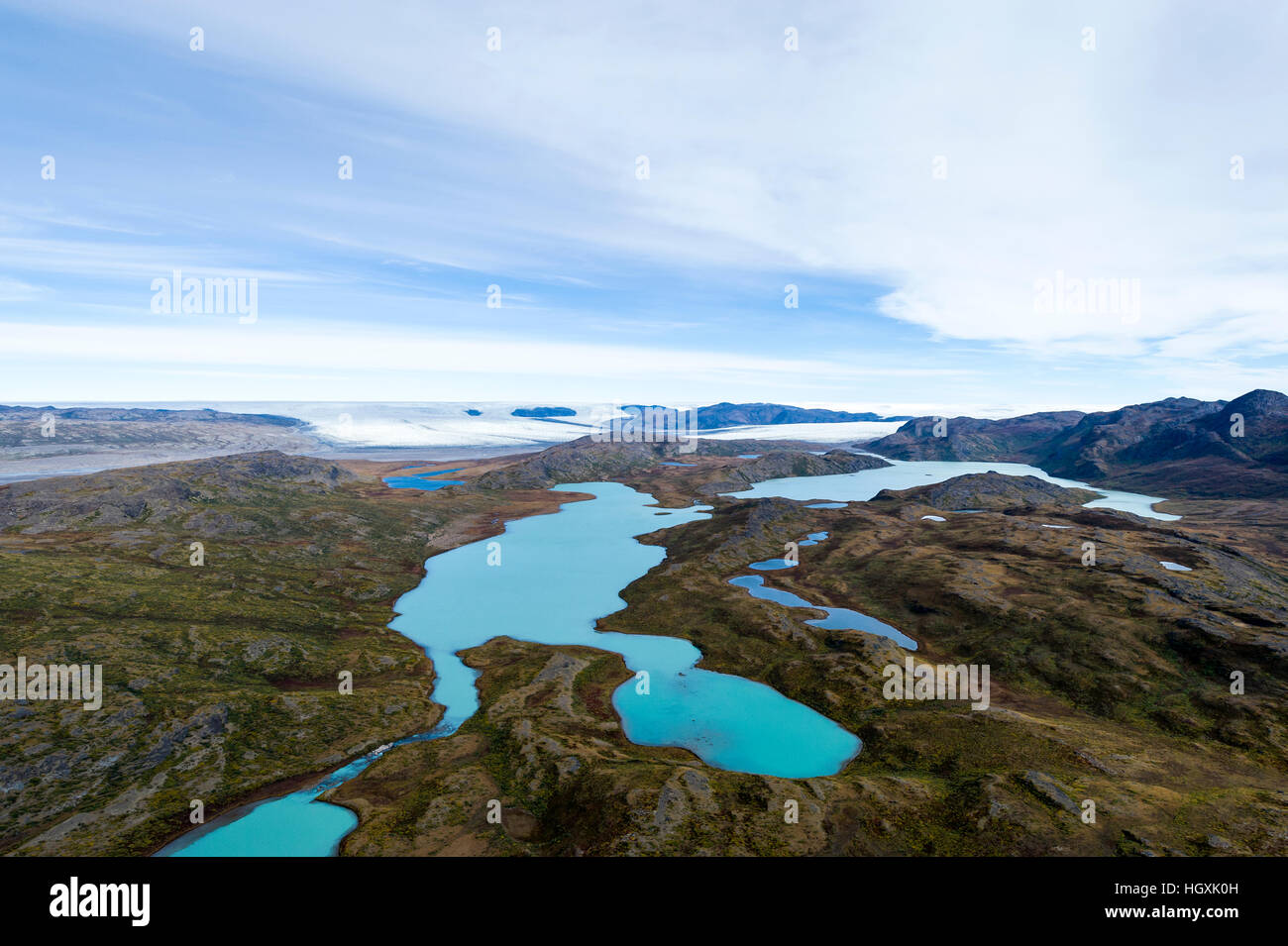 Türkisblauen Gletscherseen auf einem Plateau, Highland Tundra. Stockfoto