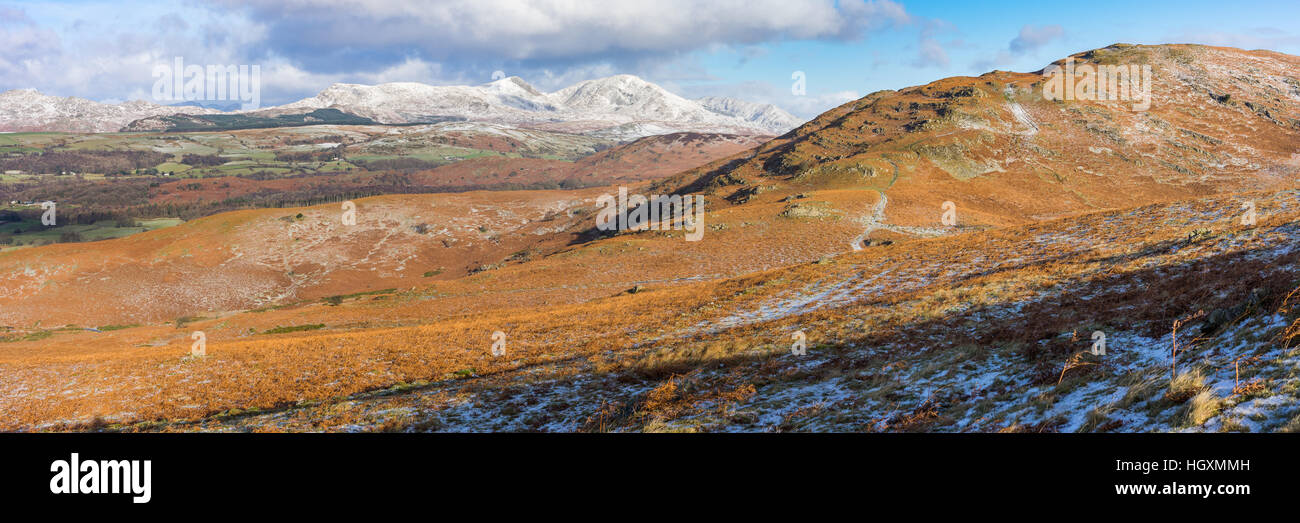 Subberthwaite gemeinsamen und der Schnee bedeckt Coniston Fells Stockfoto