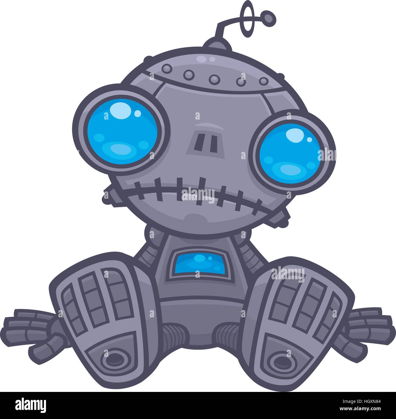Vektor-Cartoon-Illustration von einem niedlichen, aber traurige kleine Roboter mit blauen Augen auf dem Boden sitzen. Stock Vektor