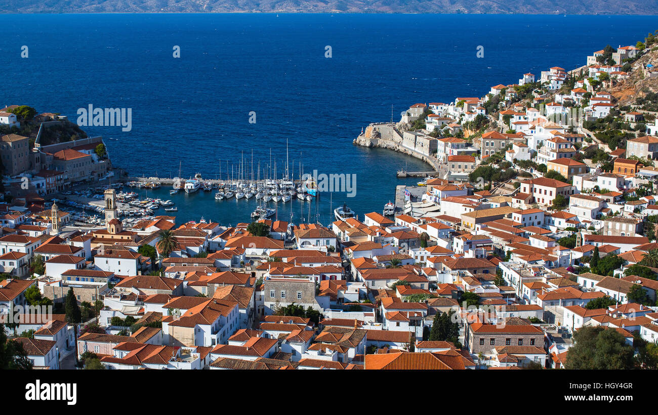 Draufsicht der Hydra-Insel, Ägäis, Griechenland. Stockfoto