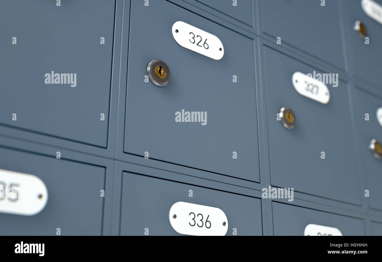 Ein 3D Rendering einer Bank von privaten nummerierten Postamt Briefkästen mit einer Verriegelung Stockfoto