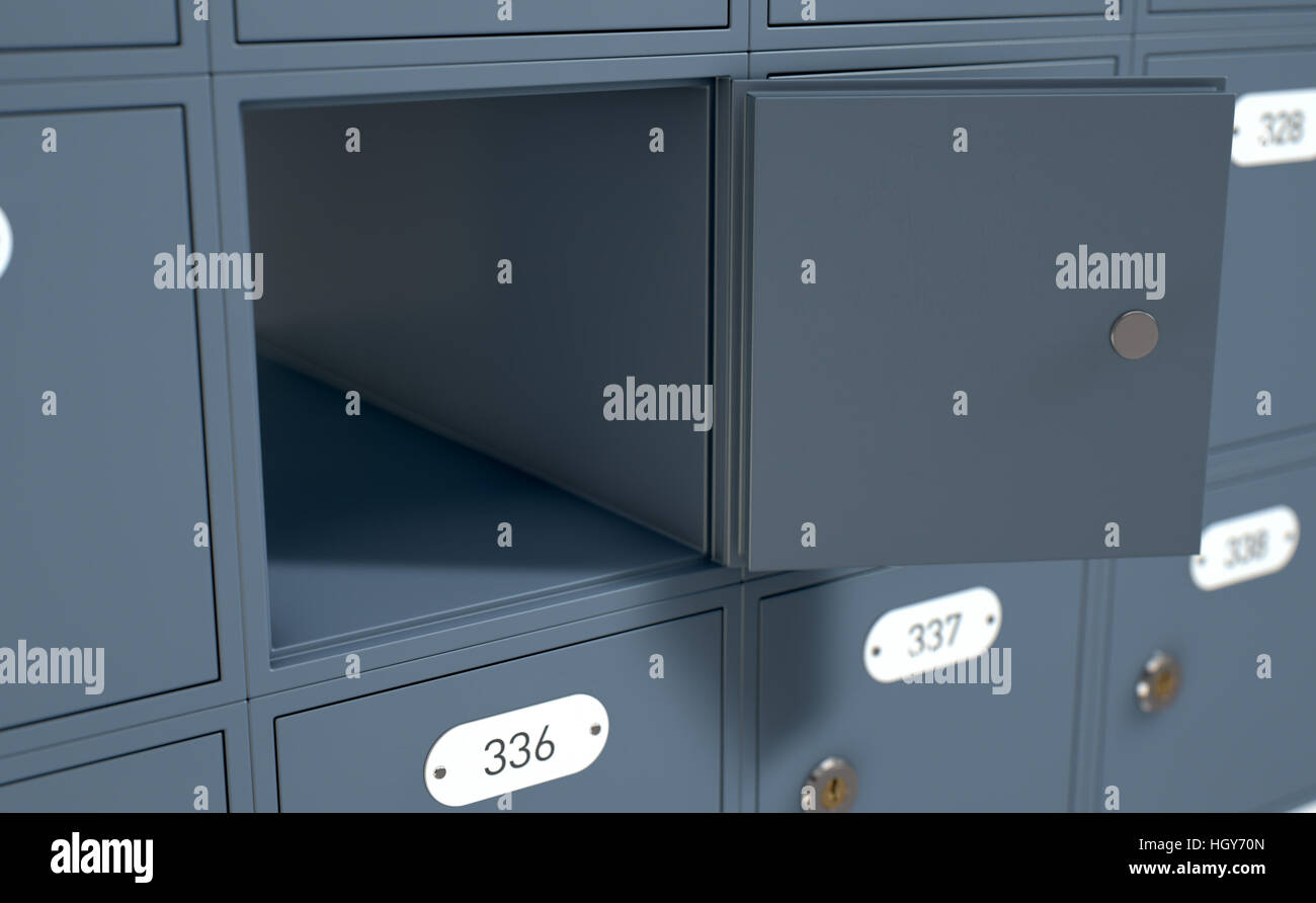 Ein 3D Rendering einer Bank von privaten nummerierten Postamt Briefkästen mit einem offenen offenbart nichts drin Stockfoto