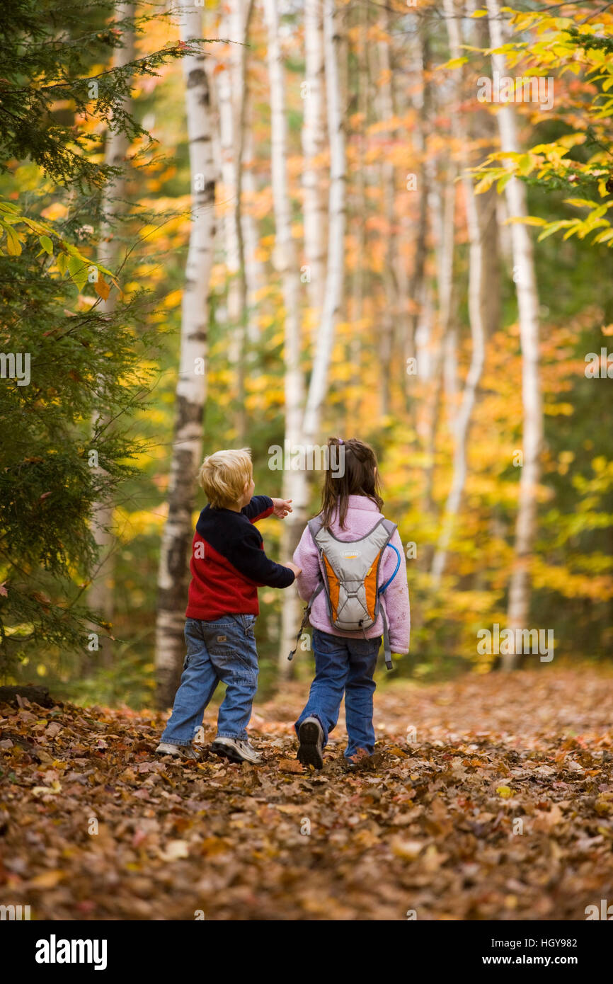 Ein junger Bruder und Schwester (4 und 6 Jahre alt) Wanderung auf dem Lincoln Woods Trail in New Hampshire White Mountain National Forest. Stockfoto