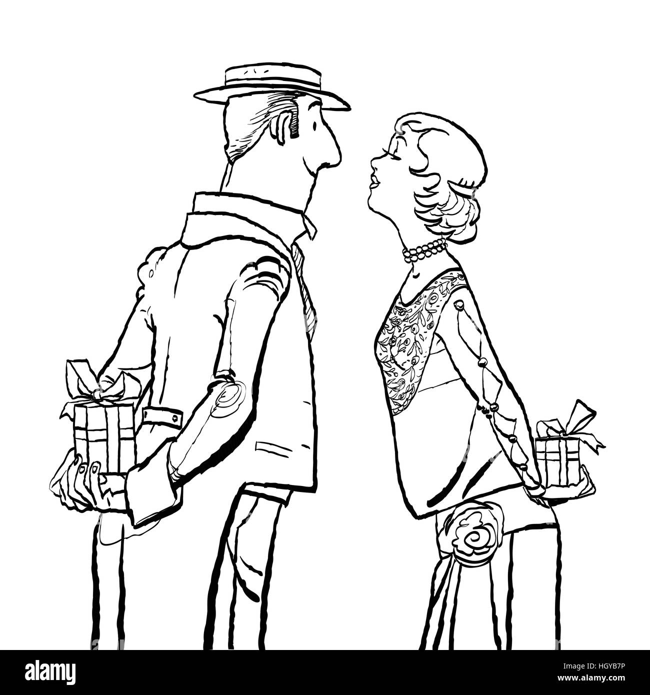 Valentinstag, ein paar Mann und Frau beschenken Stock Vektor