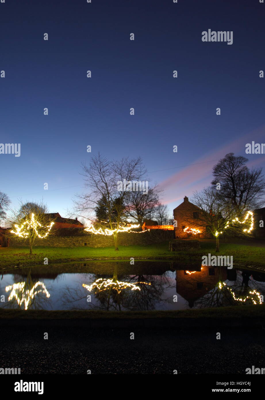 Weihnachtsbeleuchtung rund um den Dorfteich auf dem Grün in Foolow, Nationalpark Peak District, Derbyshire, England, Großbritannien Stockfoto