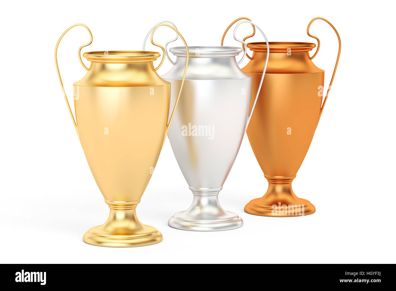 Goldene, silberne und bronzene Pokale, 3D-Rendering isolierten auf weißen Hintergrund Stockfoto