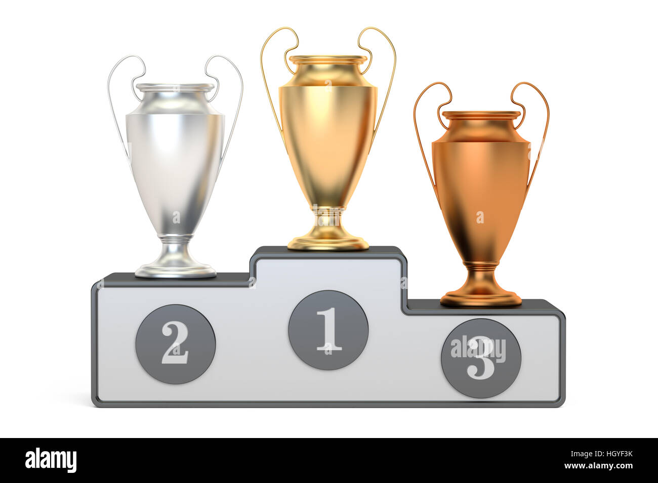 Goldene, silberne und bronzene Pokale auf Sockel, 3D-Rendering isolierten auf weißen Hintergrund Stockfoto