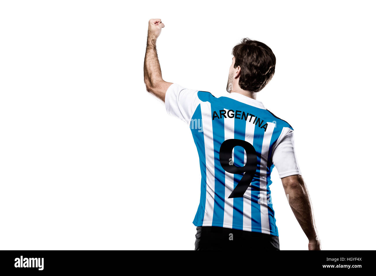 Argentinischer Fußballspieler, feiern auf dem weißen Hintergrund. Stockfoto