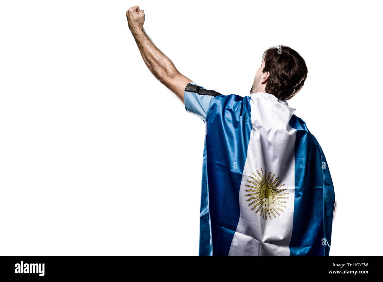 Argentinischer Fußballspieler, feiern auf dem weißen Hintergrund. Stockfoto