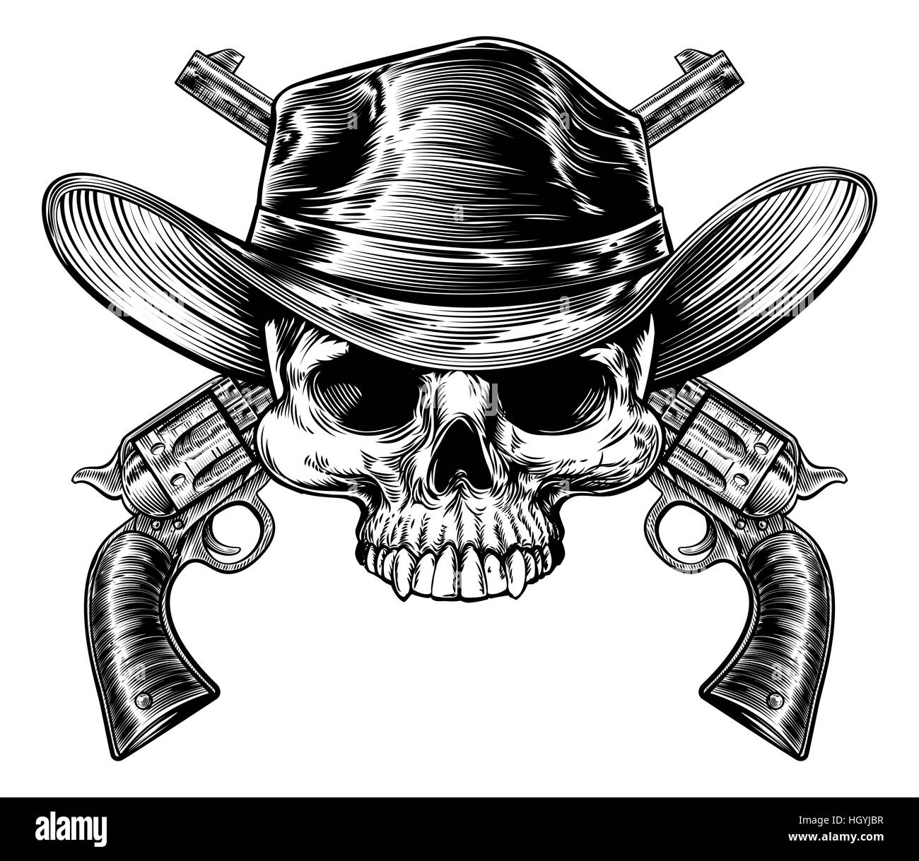 Cowboy-Schädel in einem western Hut und ein paar gekreuzt Pistole Revolver Pistole sechs Shooter Pistolen gezeichnet in einem Vintage-retro-Holzschnitt geätzt oder graviert Stil Stockfoto
