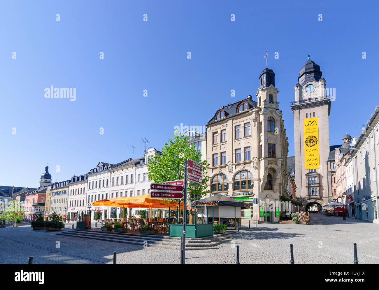 Plauen: quadratische Klostermarkt, Rathausturm, Vogtland, Sachsen, Sachsen, Deutschland Stockfoto