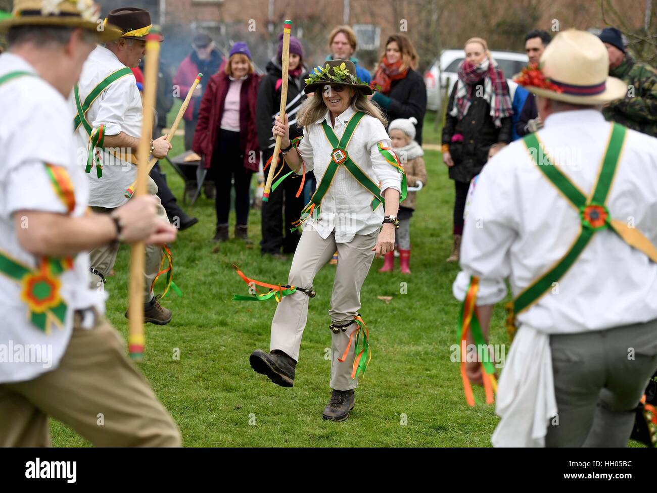 Morris Tänzer beim wassailing Event in Bridport Obstgarten in Dorset, UK, Menschen genießen die alte heidnische Tradition des rezitieren Beschwörungen, Fütterung und singen auf den Bäumen um eine gute Ernte Kredit zu fördern: Finnbarr Webster/Alamy Live News Stockfoto