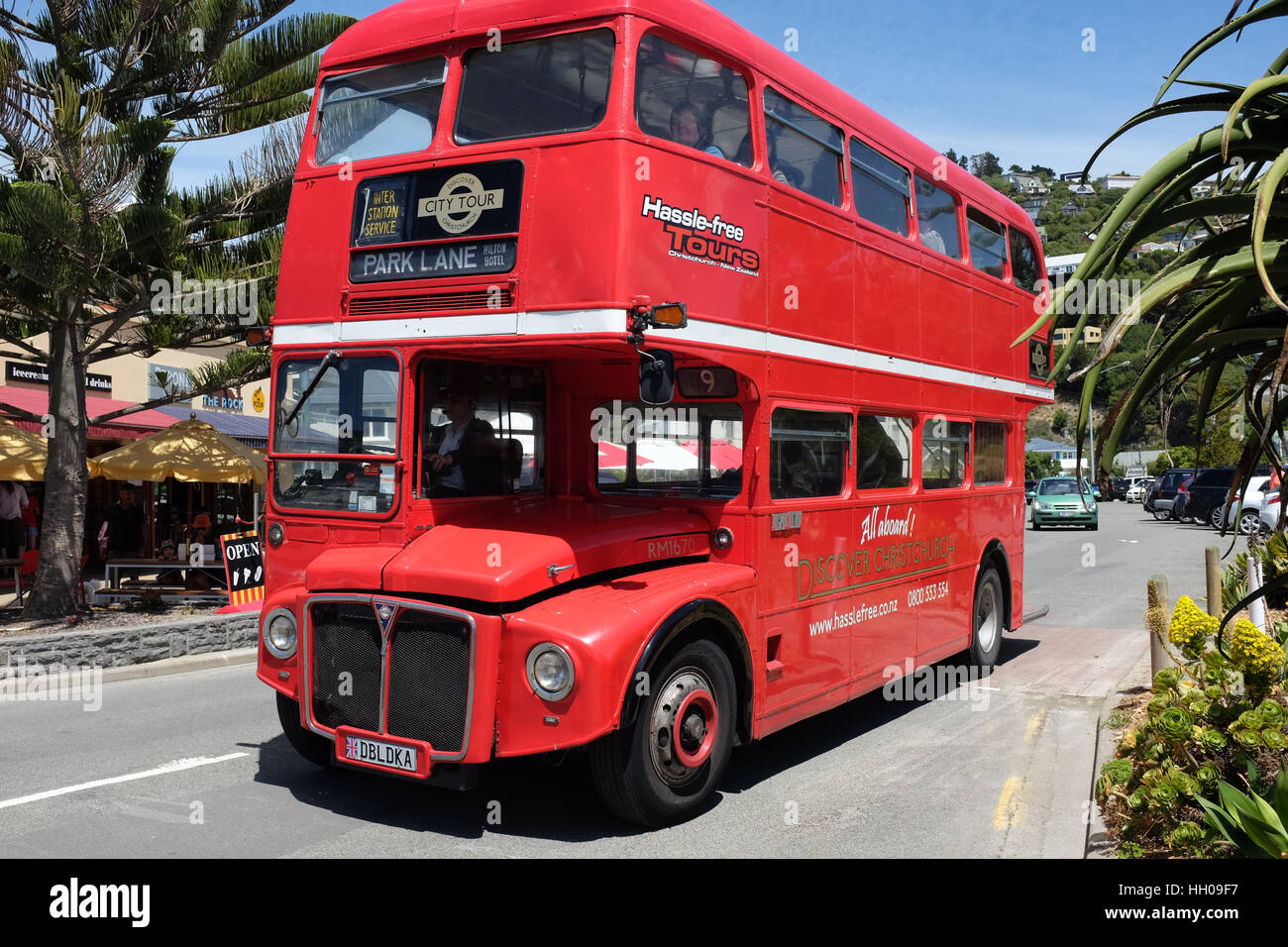 Ein London-Doppeldecker-Bus für Touristen Reisen in Christchurch, Neuseeland verwendet. Stockfoto