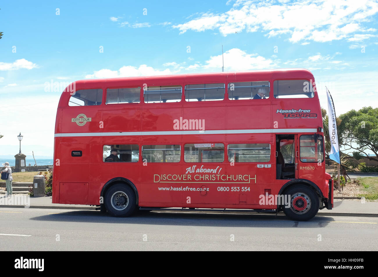 Ein London-Doppeldecker-Bus für Touristen Reisen in Christchurch, Neuseeland verwendet. Stockfoto