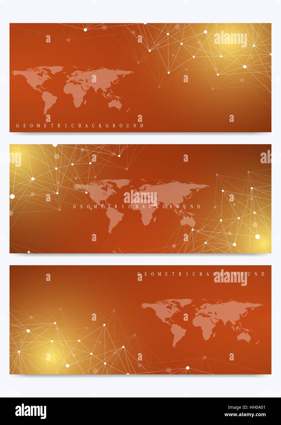 Moderne Reihe von Bannern, Vektor mit Weltkarte. Geometrische Darstellung. Molekül DNA und Kommunikation Hintergrund für Medizin, Wissenschaft, Technologie, Chemie. Kybernetische Punkte. Linien-Plexus. Kartenoberfläche Stock Vektor