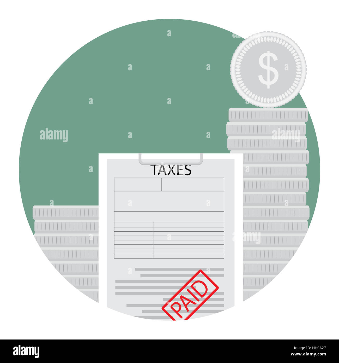 Gezahlte Steuern-Symbol. Münz- und steuerliche Form, Papier-Besteuerung und Rechnungslegung Einkommen, Vektor-illustration Stockfoto