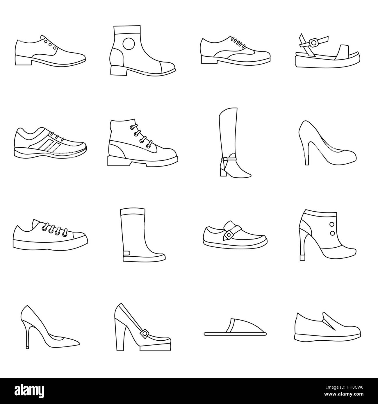Schuh-Symbole im Umriss-Stil festlegen Stock-Vektorgrafik - Alamy