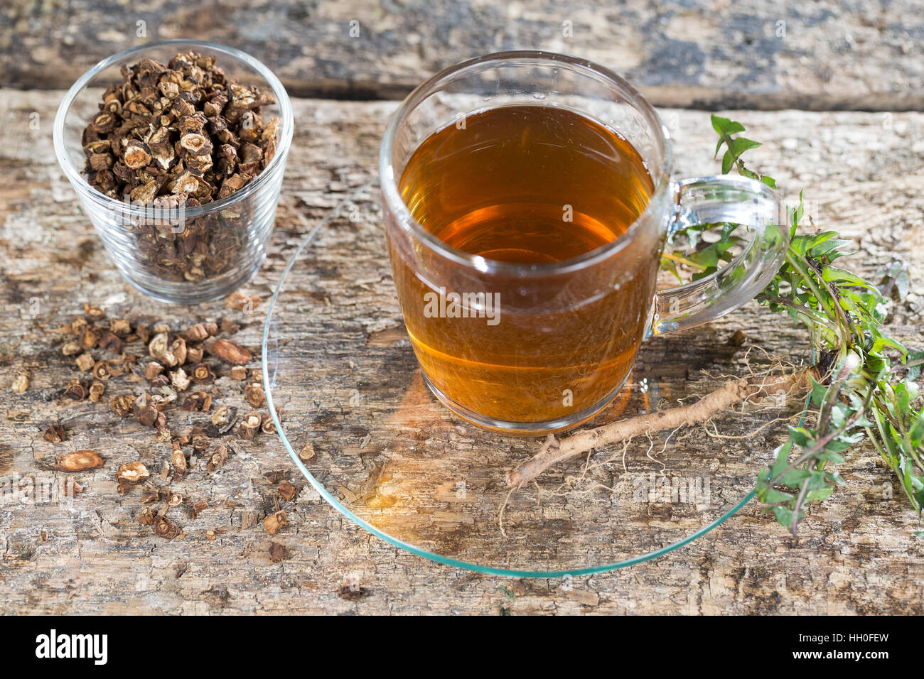 Löwenzahn-Tee, Heiltee, Kräutertee, Löwenzahn-Kaffee, Tee, Wurzeltee aus Gerösteten Wurzeln, Löwenzahn-Wurzel, Löwenzahn-Wurzeln, Löwenzahnwurzel, Löw Stockfoto