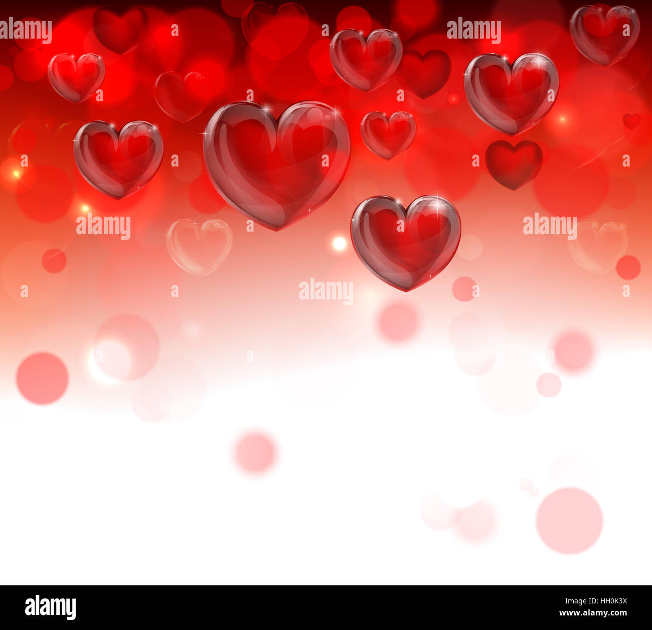 Eine rote Valentinstag Herzen Header Frame Grenze Hintergrund verblassen bis weiß mit Bokeh Effekte Stockfoto