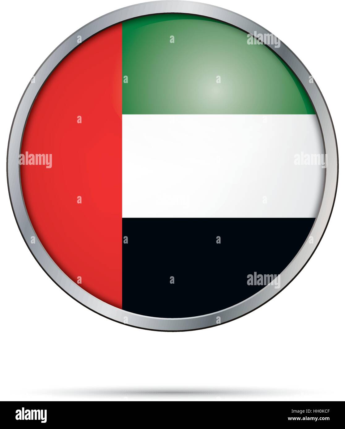 Vektor-Flagge Button. Vereinigte Arabische Emirate-Flagge in Glas-Knopf-Stil mit Metallrahmen. Stock Vektor