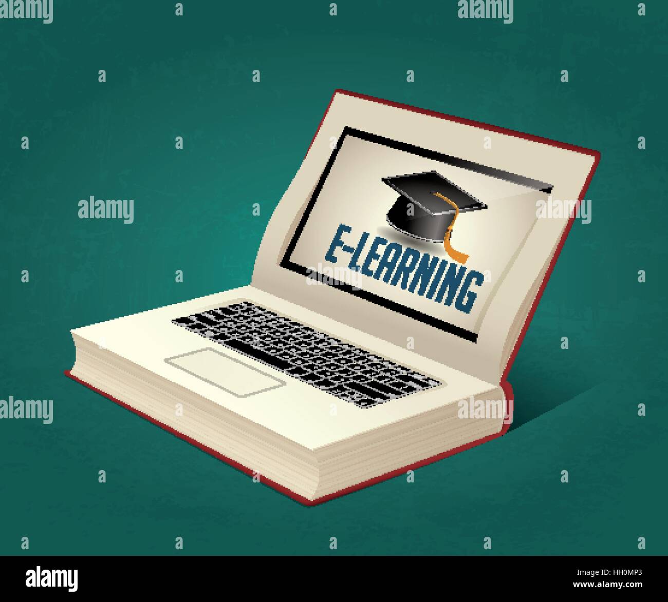E-Learning - Buch als Laptop-e-Book-Konzept Stock Vektor