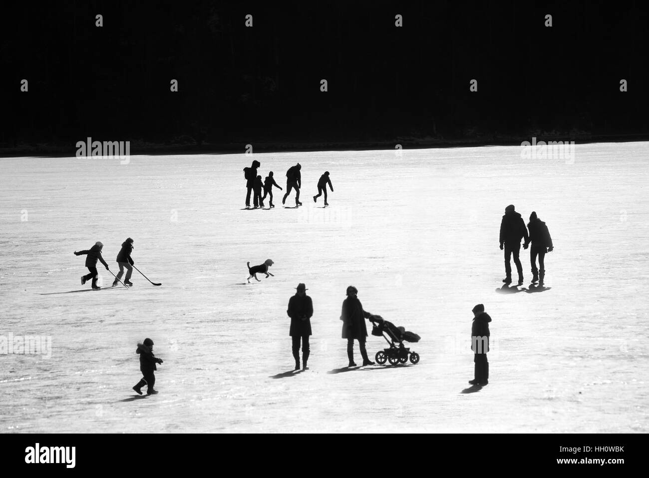 Junge Familien amüsieren sich auf einem zugefrorenen See Spaß Hockey zu spielen und zu Fuß den Hund gegen das Eis Stockfoto