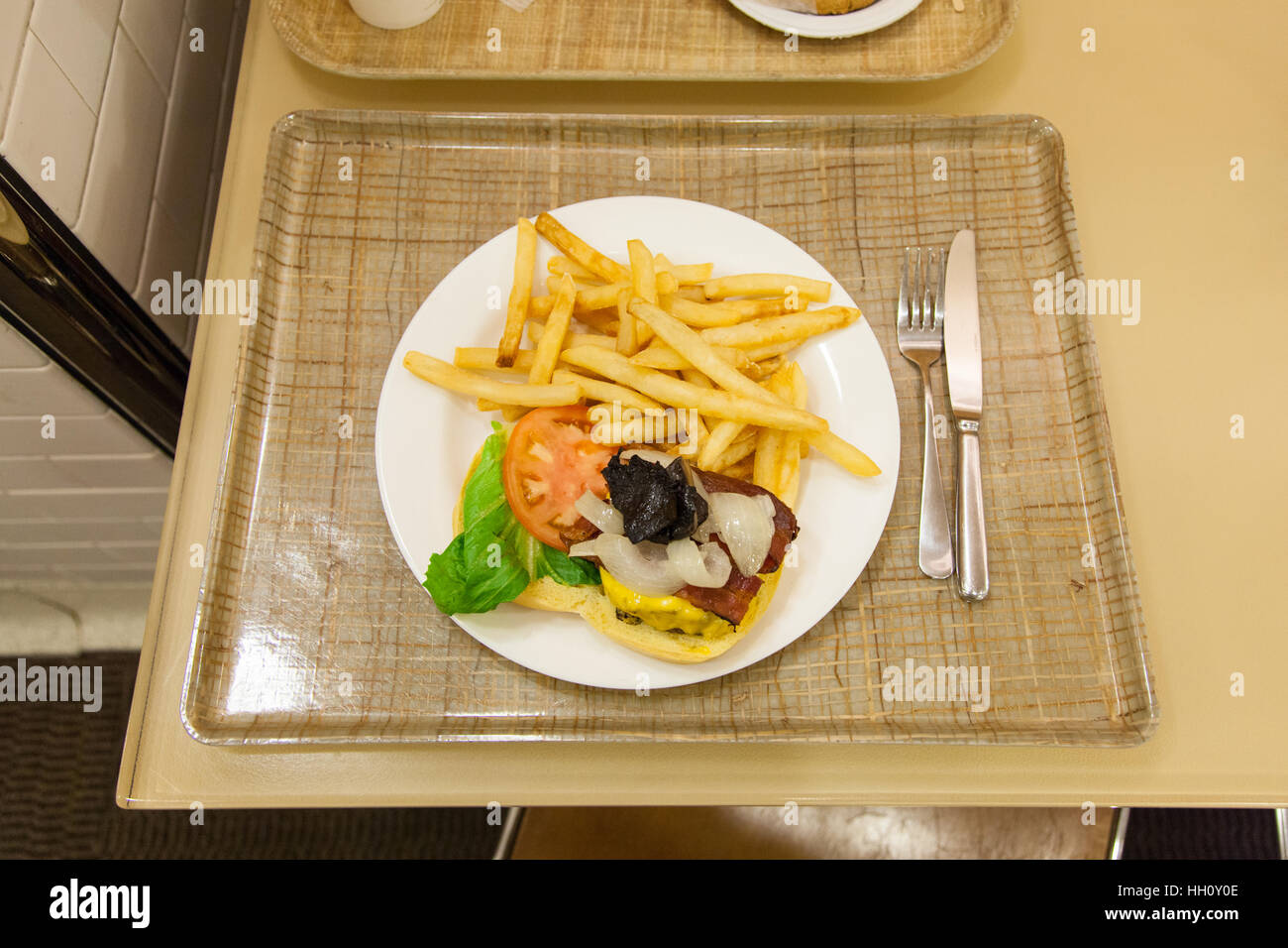 Rindfleisch-Burger und Pommes frites zu The Metropolitan Museum of Art oder Met, fünfte Avenue, New York City, Vereinigte Staaten von Amerika. Stockfoto