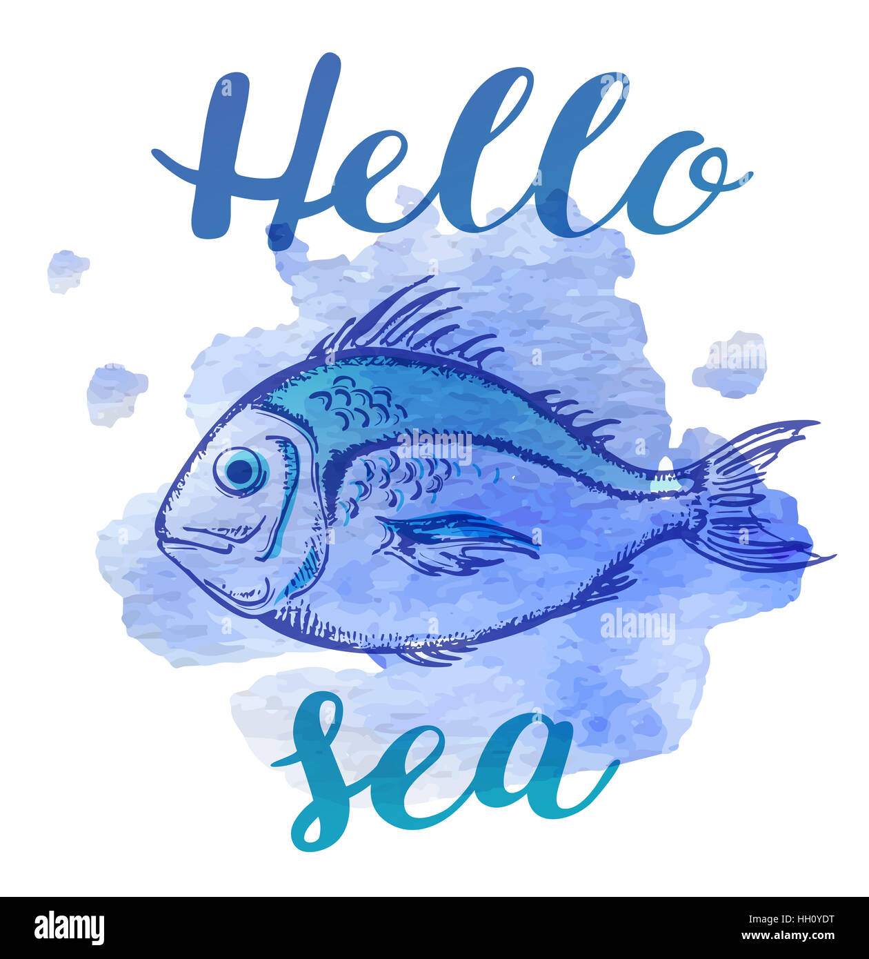 Handgezeichnete marine Sommer Hintergrund mit blauen Aquarell Textur und Fisch Stockfoto