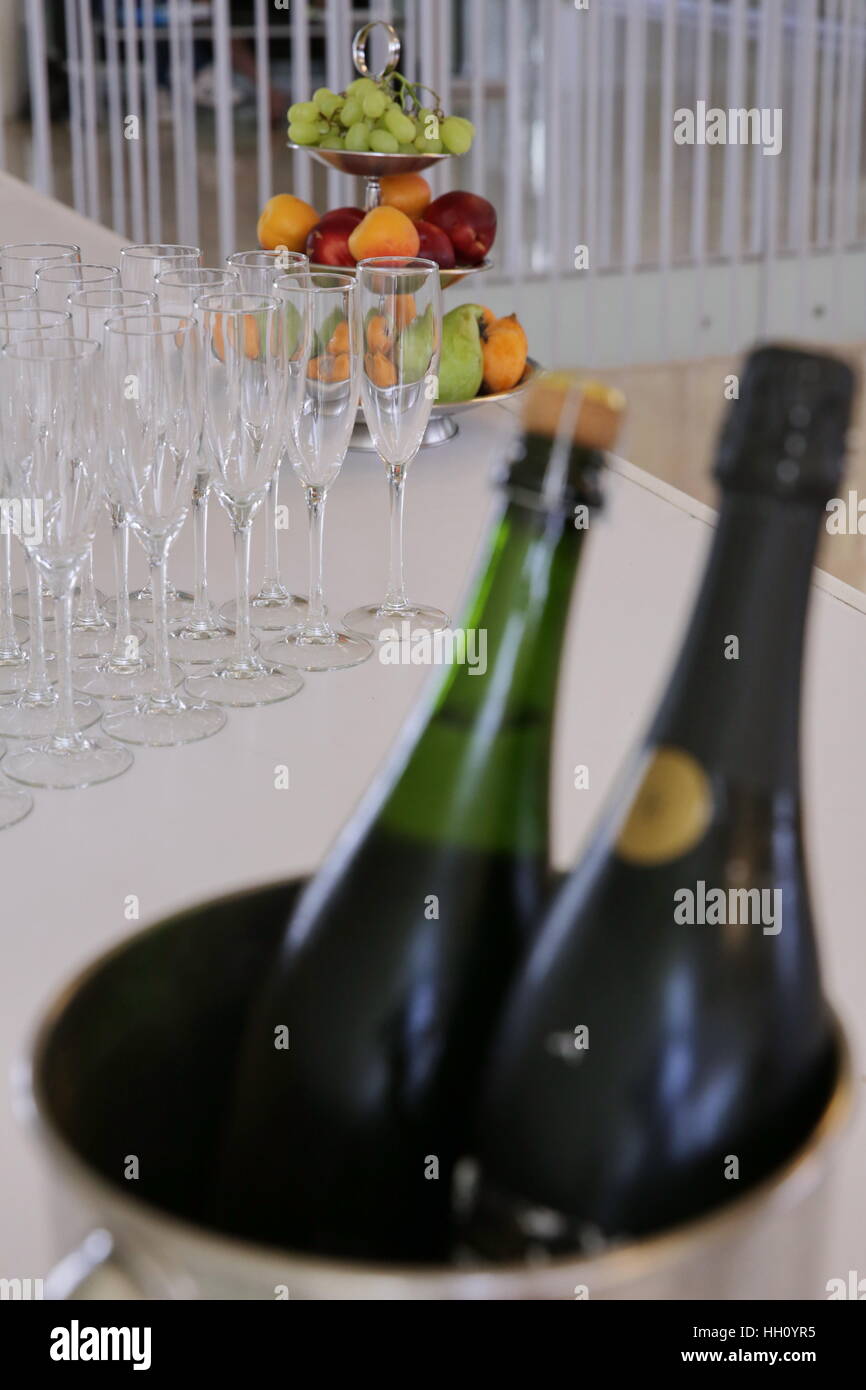 Weißwein auf einem Buffet-Tisch Stockfoto