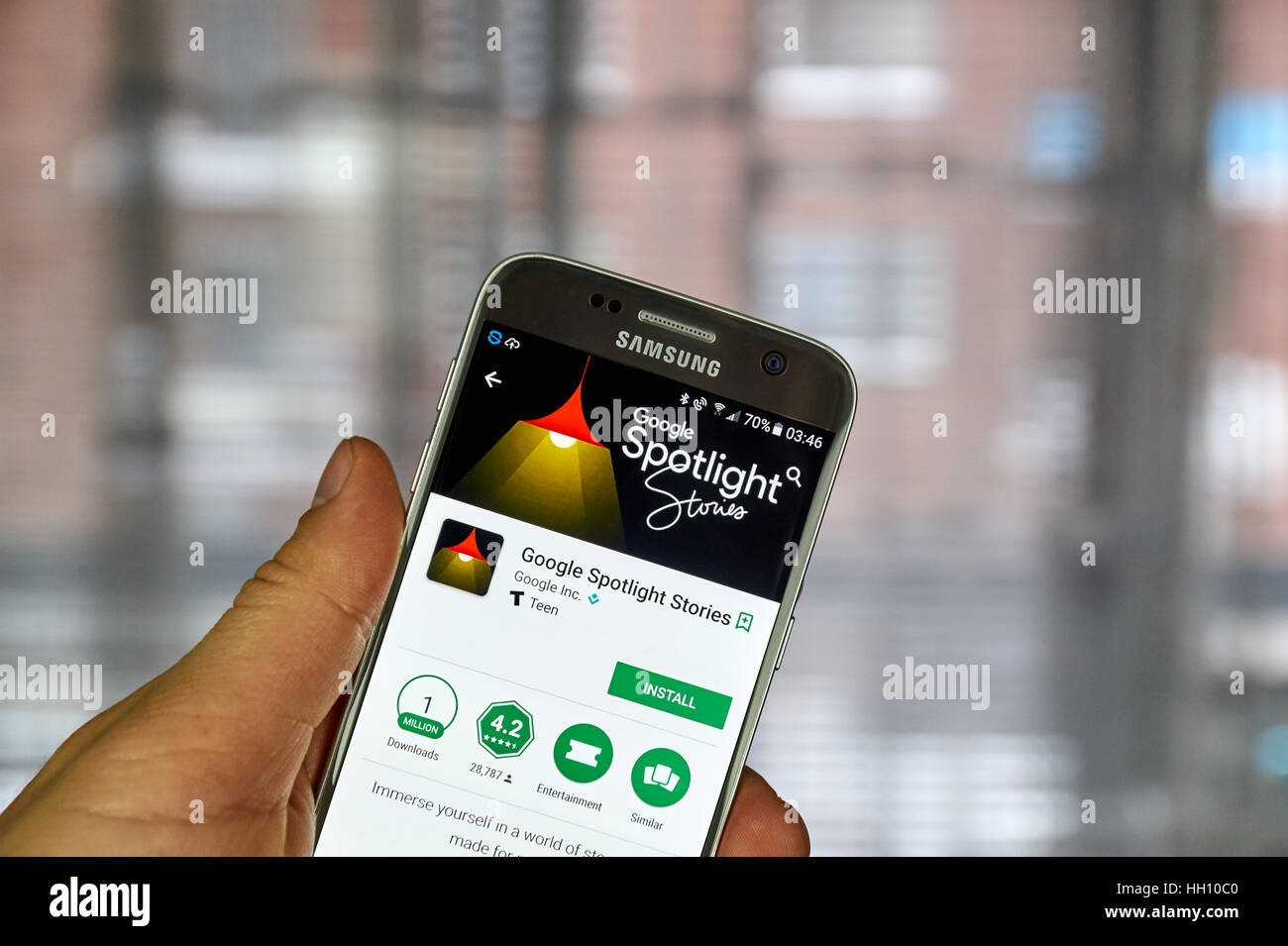 MONTREAL, Kanada - 23. Dezember 2016: Google Spotlight Stories app auf dem Samsung S7-Bildschirm. Für VR bedeutet Google Spotlight Stories Geschichten. Stockfoto