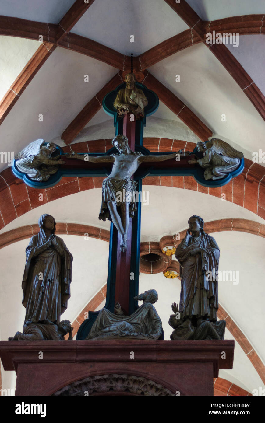 Wechselburg: Abteikirche; Kreuzigungsgruppe auf Kanzel Chor Bildschirm, Sachsen, Sachsen, Deutschland Stockfoto