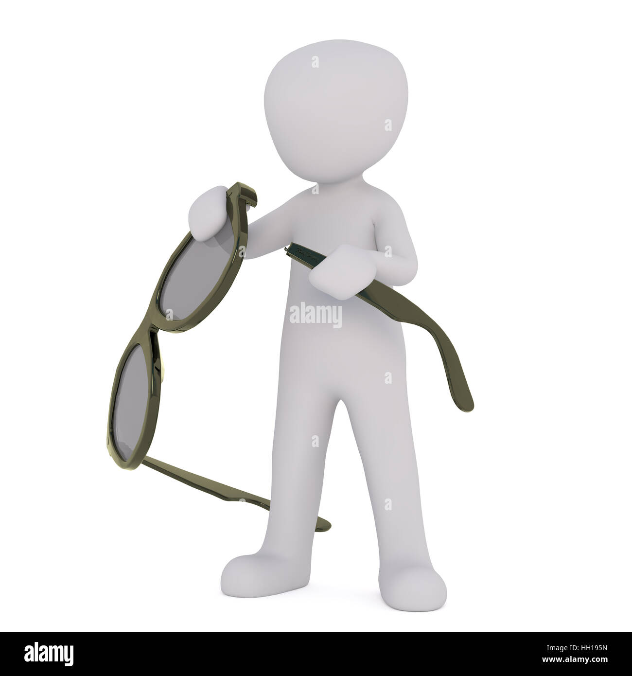 3D-Render Figur des gesichtslosen Cartoon Mann mit Sonnenbrille mit gebrochenen Hörmuschel, stehend isoliert auf weißem Hintergrund Stockfoto