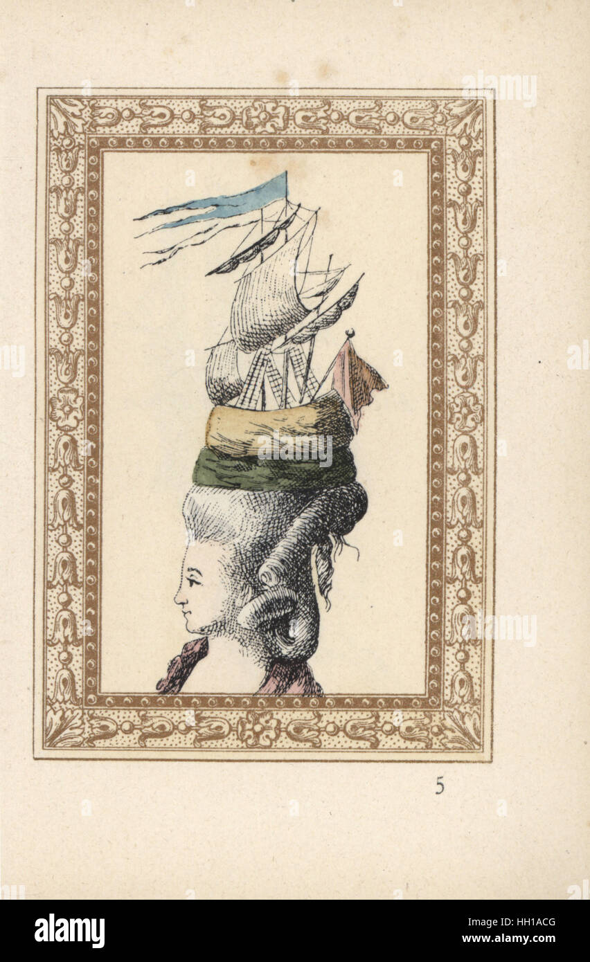 Frau trägt ein Modell Schiff in ihr Haar inspiriert von Belle Poule, eine Marine Fregatte, die sich im Kampf im Jahre 1778 ausgezeichnet. Coiffure à la Belle Poule. Handkoloriert Lithographie von de Laubadere von Octave Uzanne stilvolle Frisur oder exzentrische Putz aus der Ära von König Louis XVI, Frisuren de Style, la Parure Excentrique, Rouveyre, Paris, 1895. Stockfoto