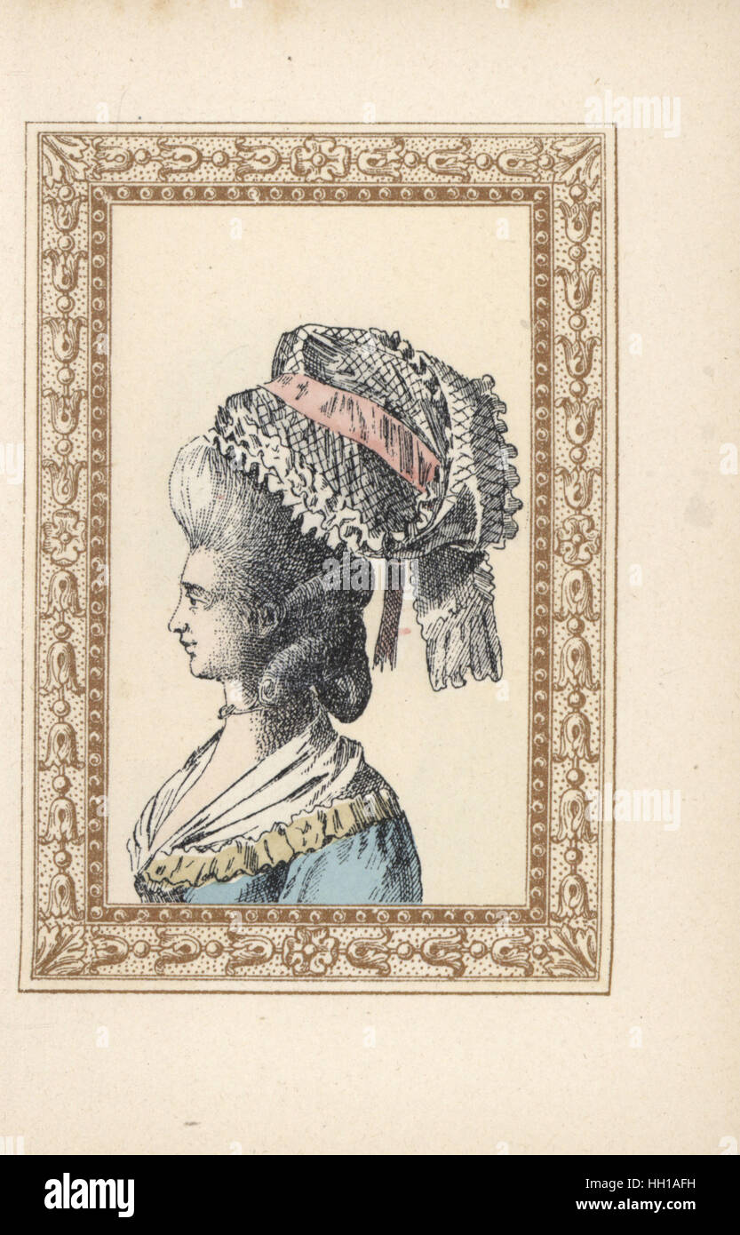 Frau in eine Milchmädchen-Haube über Frisur mit locken, Motorhaube a la Laitiere. Handkoloriert Lithographie von de Laubadere von Octave Uzanne stilvolle Frisur oder exzentrische Putz aus der Ära von König Louis XVI, Frisuren de Style, la Parure Excentrique, Rouveyre, Paris, 1895. Stockfoto