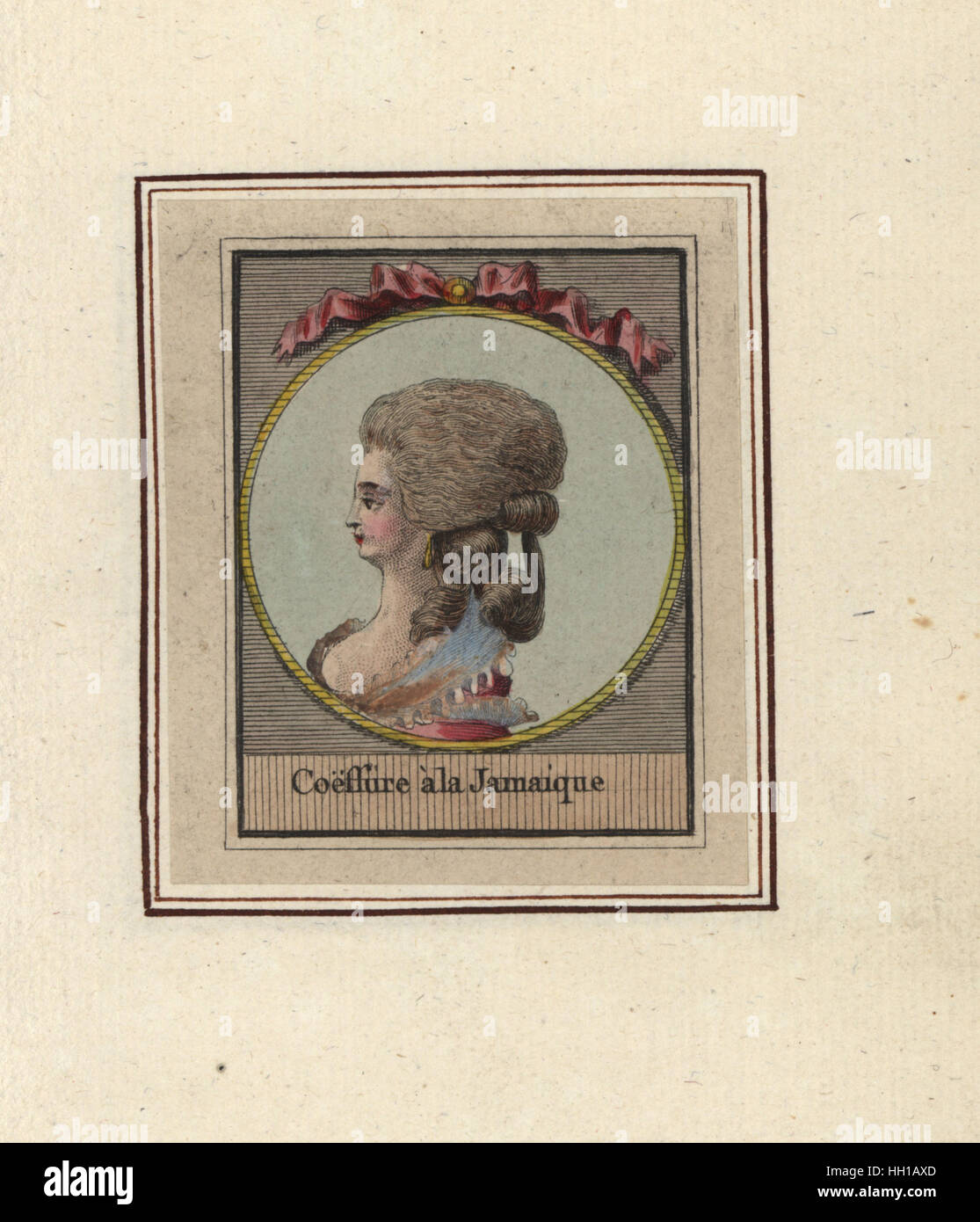 Frau in Frisur mit locken genannt der Jamaikaner. Coeffure ein la Jamaique. Handkoloriert Kupferstich eines unbekannten Künstlers aus einem Album modische Frisuren von 1783, Suite des Coeffures a la Mode de 1783, Esnauts et Rapilly, Paris, 1783. Stockfoto