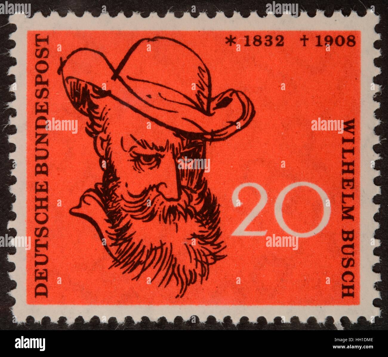 Deutsche Briefmarke, BRD, 1958, Porträt von Wilhelm Busch, deutsche Humorist, Dichter, Zeichner und Maler Stockfoto
