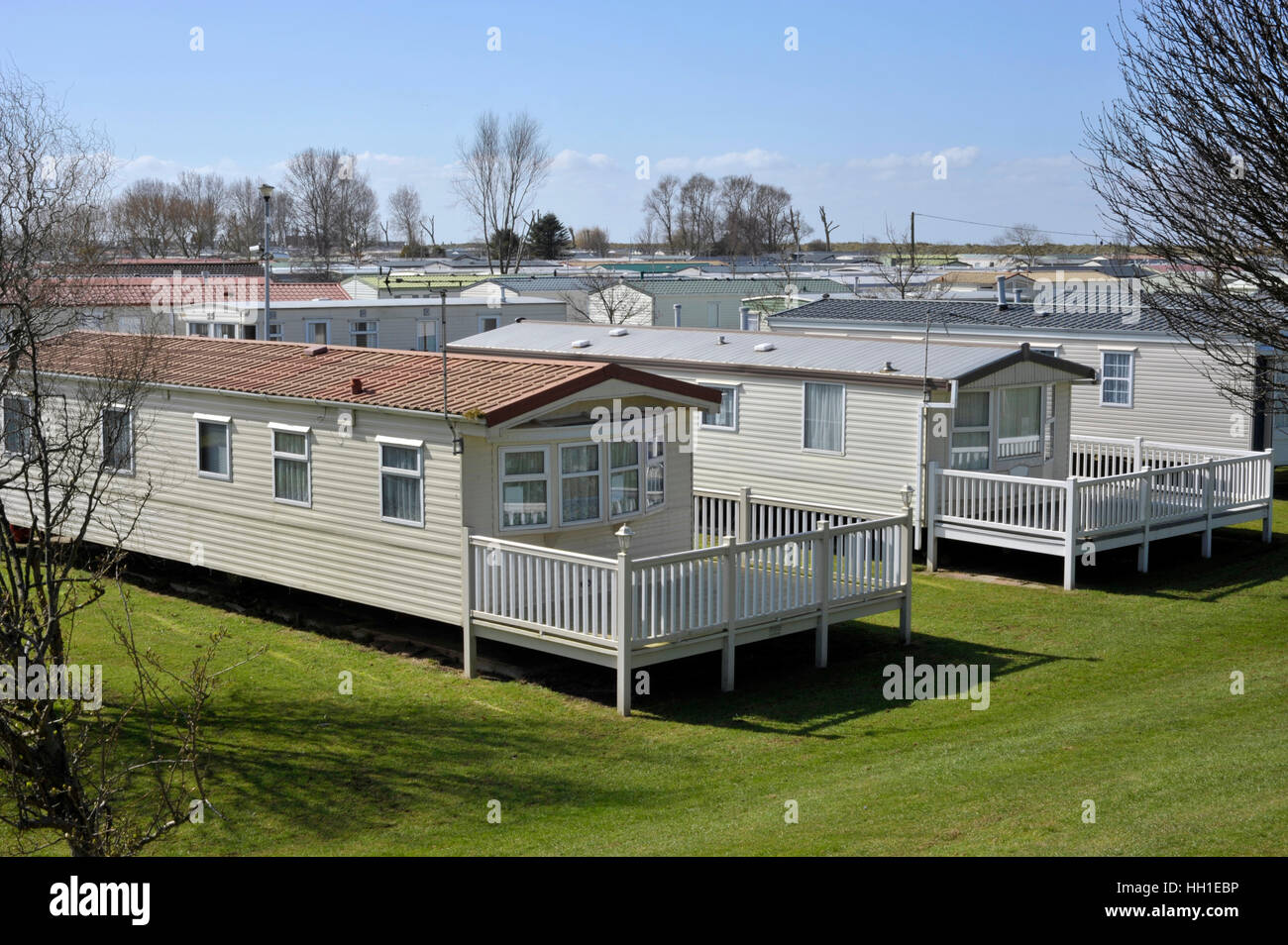 Ferienhäuser an der Küste von Norfolk in Heacham, Großbritannien. Stockfoto