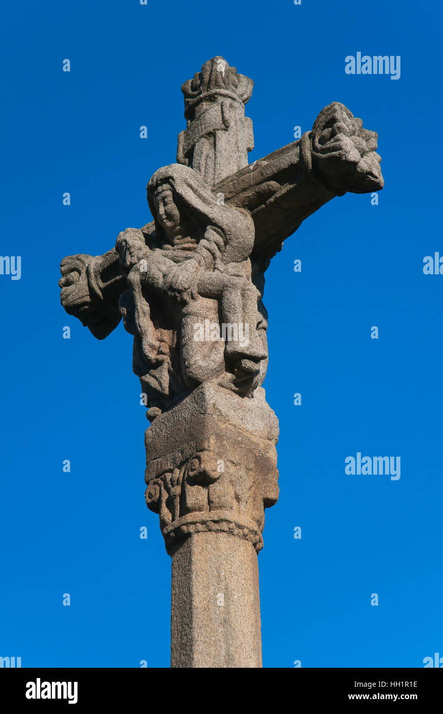 Steinkreuz (benannte Cruceiro de Fondo da Vila) des 15. Jahrhunderts, Padron, La Coruña Provinz, Region Galicien, Spanien, Europa Stockfoto
